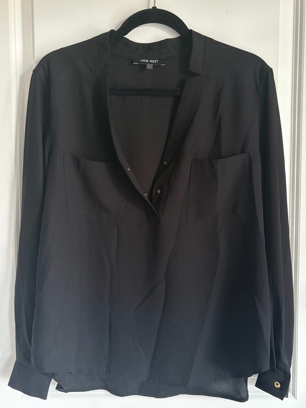 Nine West Sheer Black Long-Sleeve V-Neck Blouse